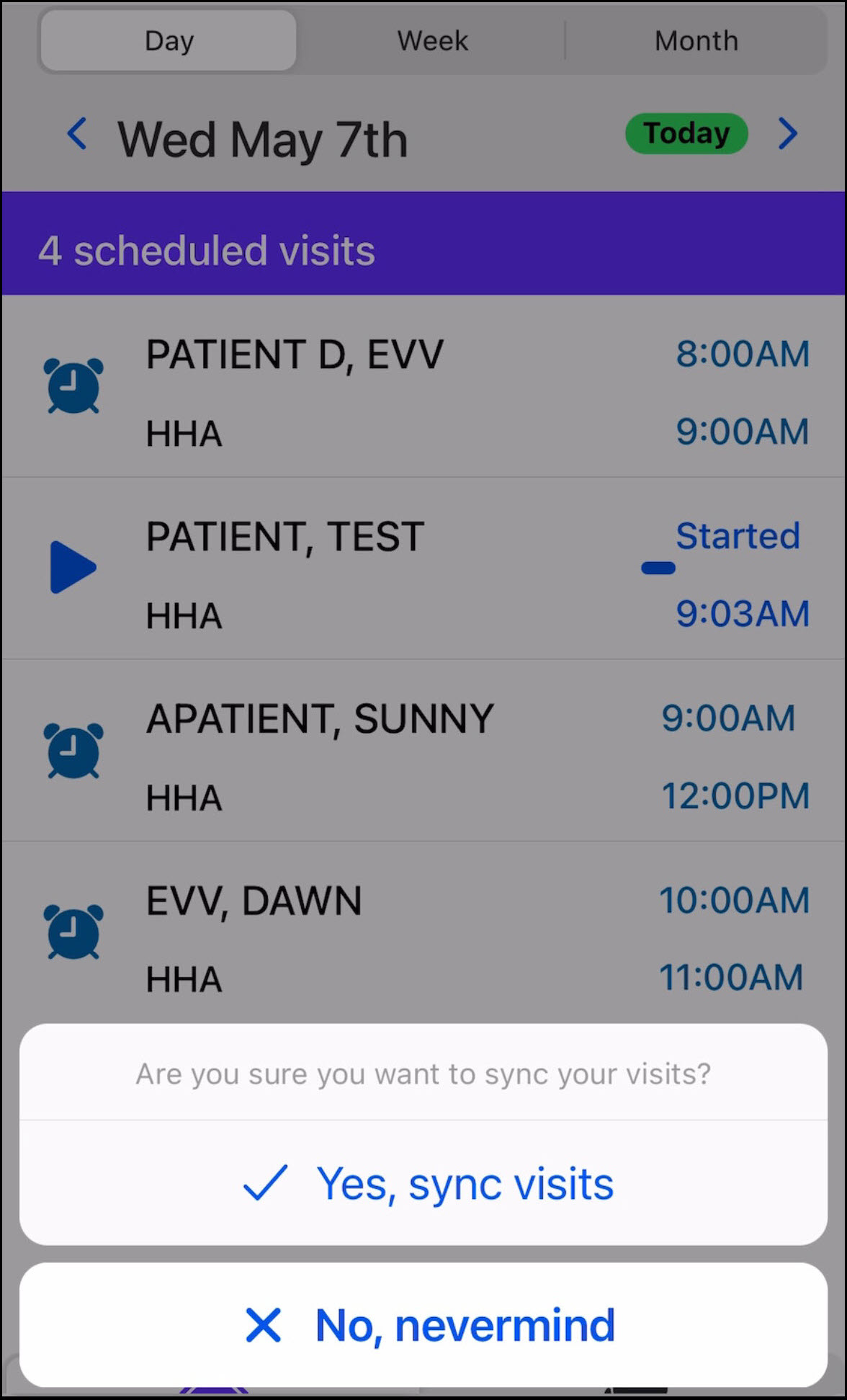 Example of sync visits pop up