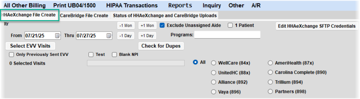 HHAeXchange File Create screen